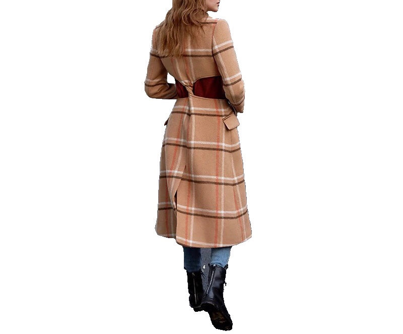 Marie Cutout Plaid Thick Woolen Coat