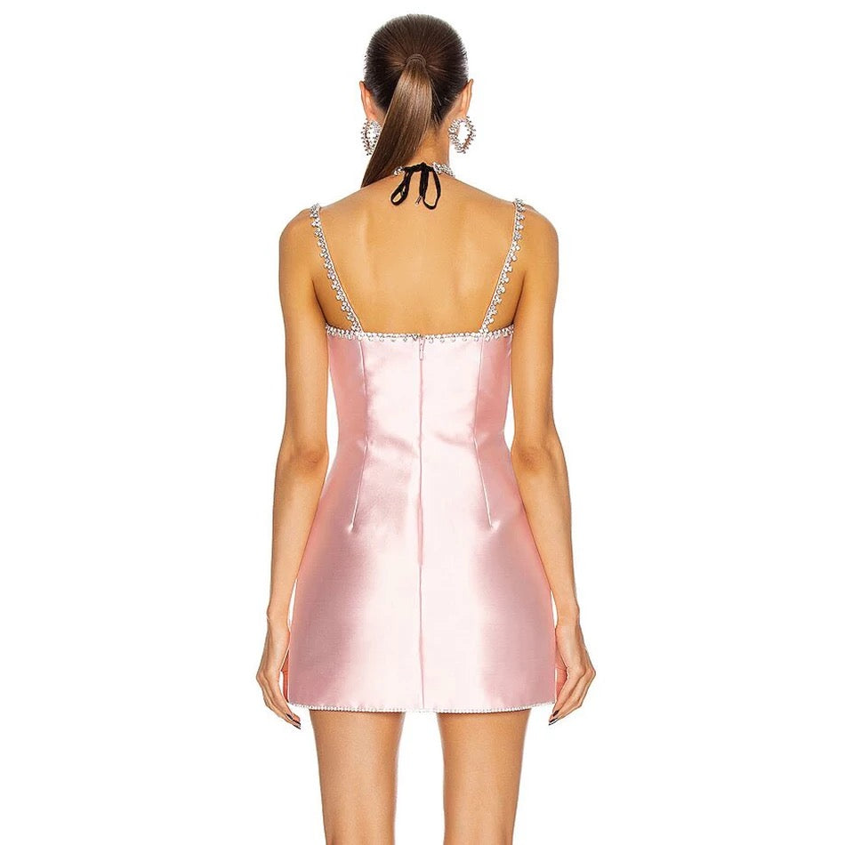 Crystal Satin Strap Pink Mini Dress