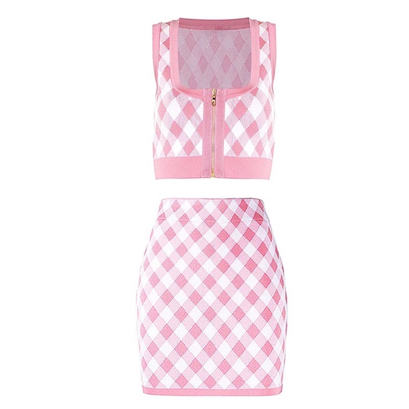 Bio Pink Plaid Crop Top And Skirt Sets