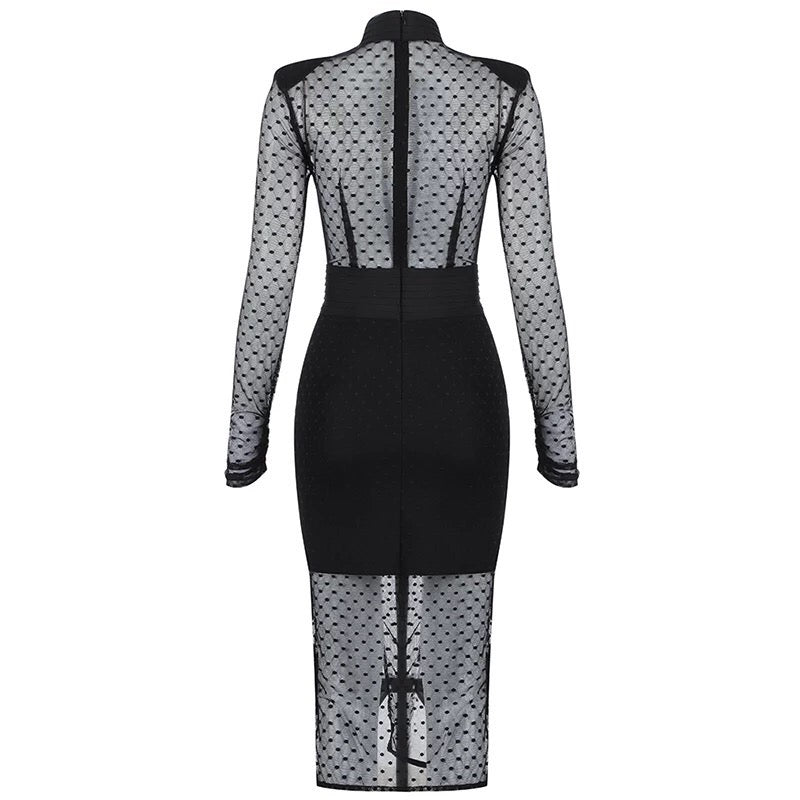 Mesh Turtleneck Black Split Dress