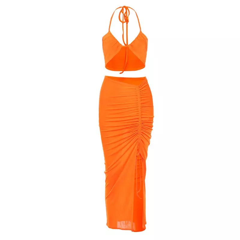 Drawstring Halter Top And Skirt Sets