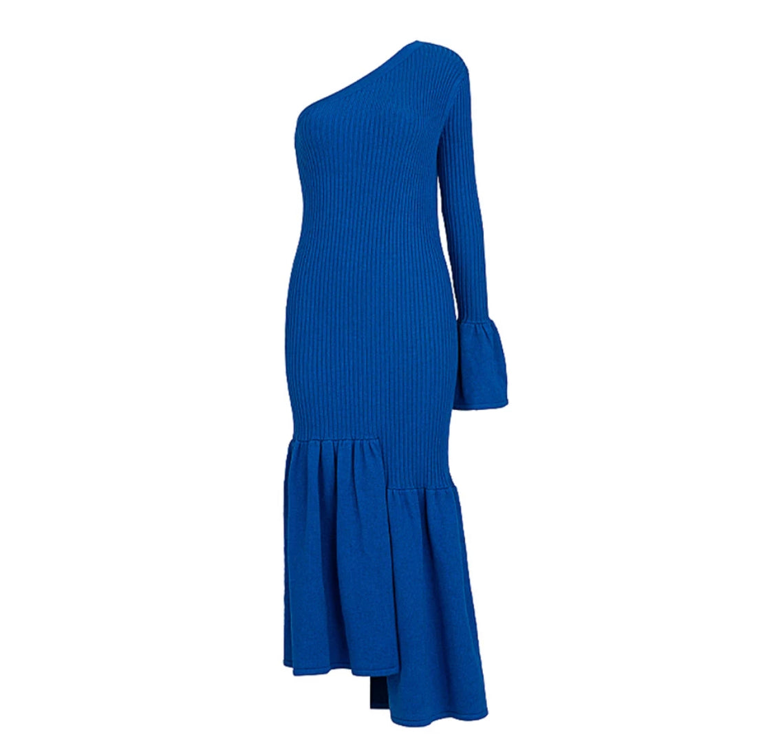 Eline Blue One Shoulder Knitwear Dress