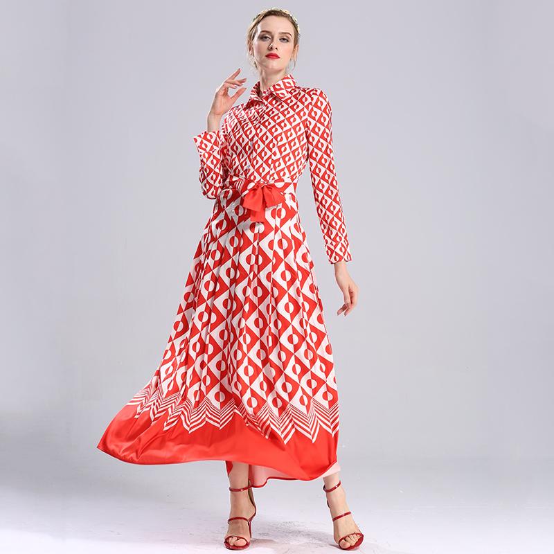 Bow Collar Red Geometric Printed Plus Size S-3XL