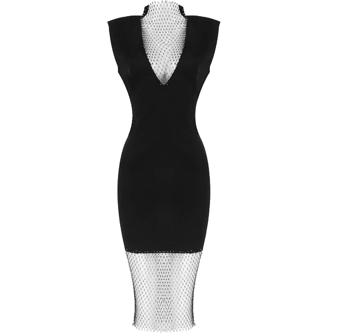 Black Crystal Mesh Turtleneck Dress