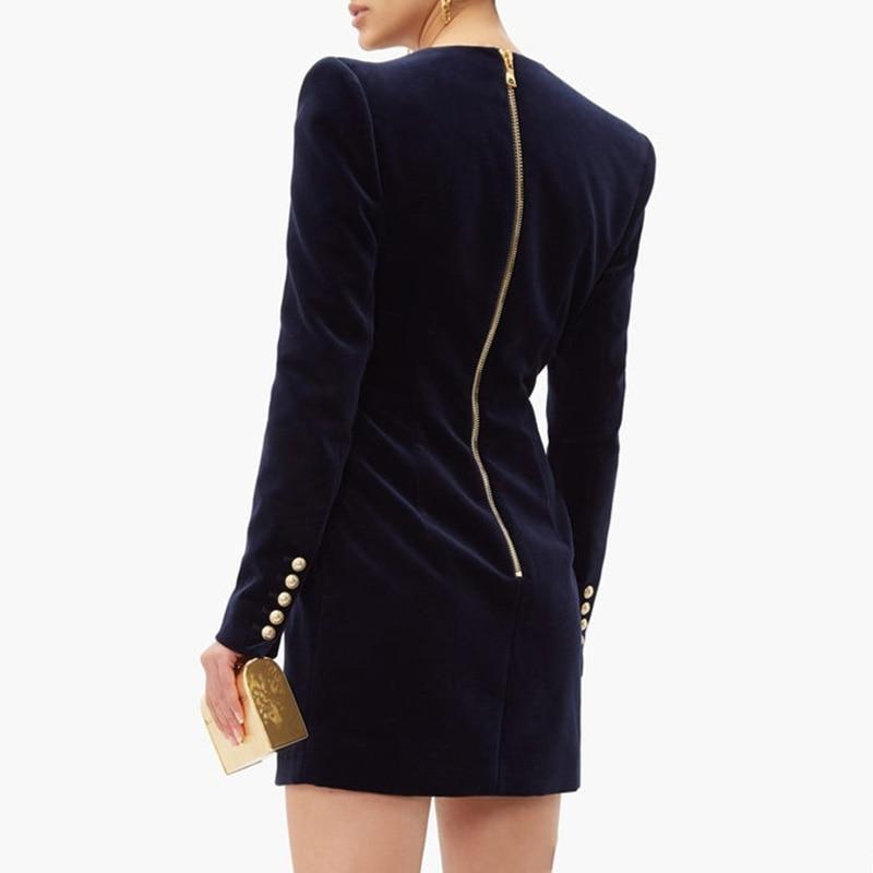 V-neck Solid Slim Velvet Blue Mini Dress