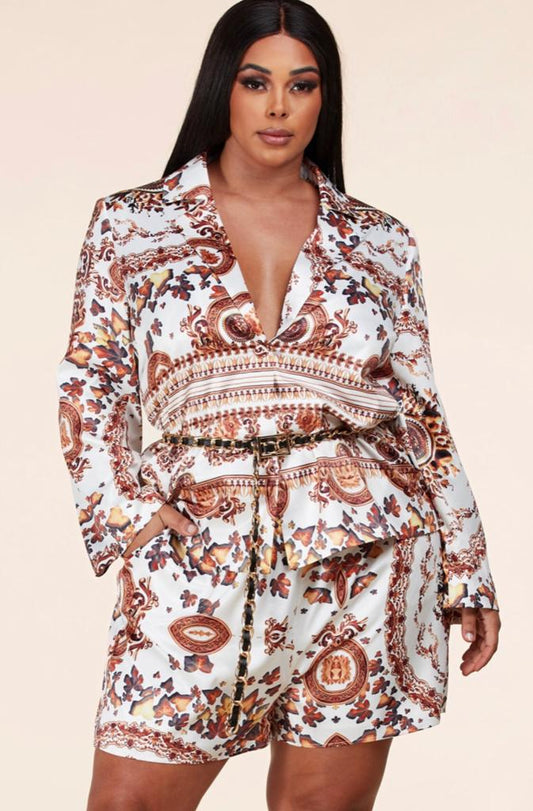 Plus Size Floral Belted Blazer & Shorts Sets