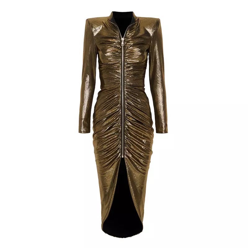 Split Bronze Gold Zipper Dress