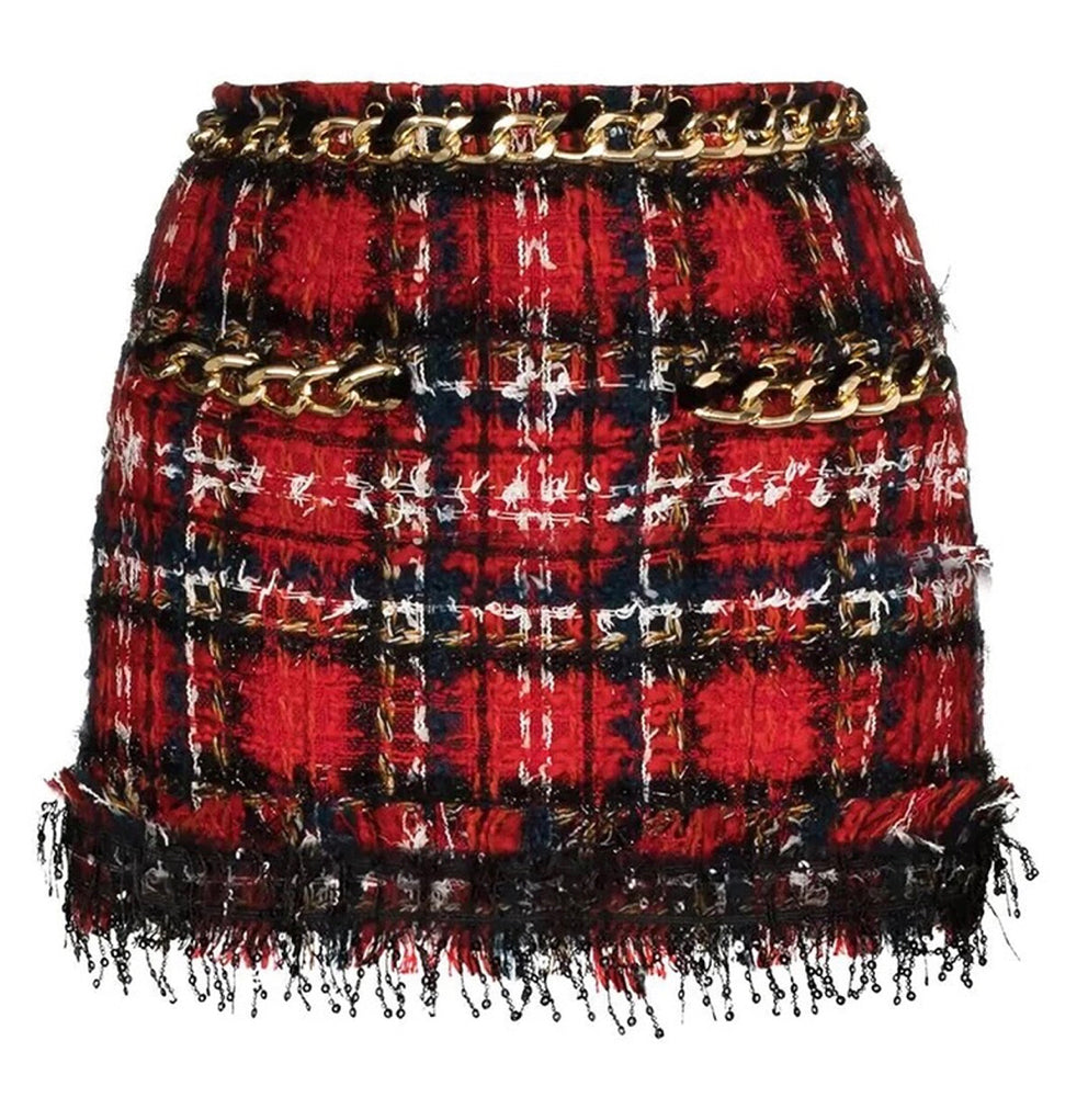 Plaid Red Tweed Gold Chain Mini Skirt