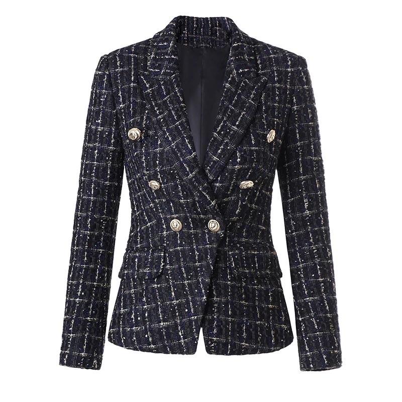 Tweed Plaid Gold Buttons Blazer