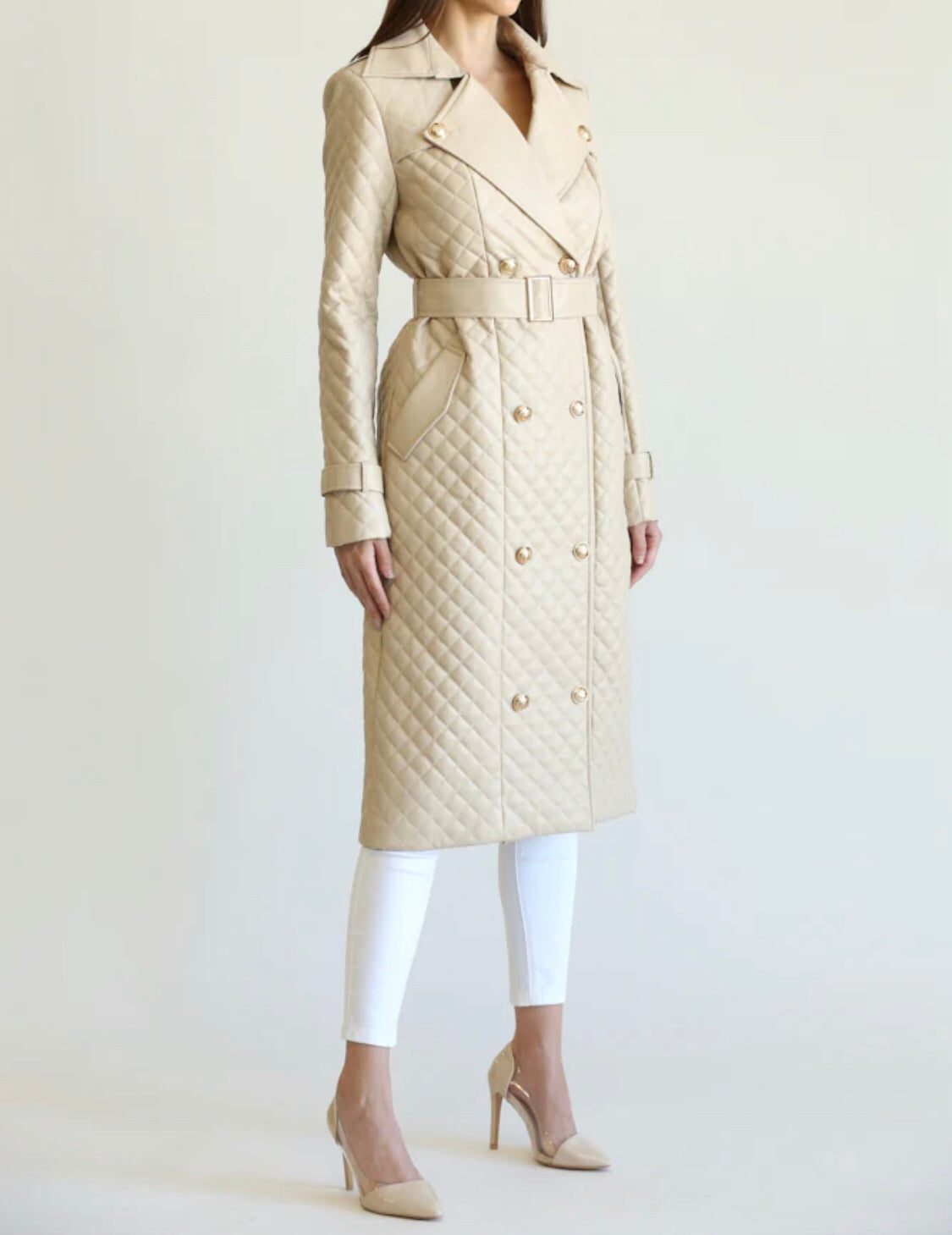 Quilted Pu Beige Midi Dress Trench Coat