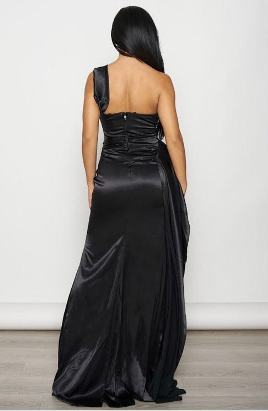 Crystal Satin Ruched One Shoulder Dress