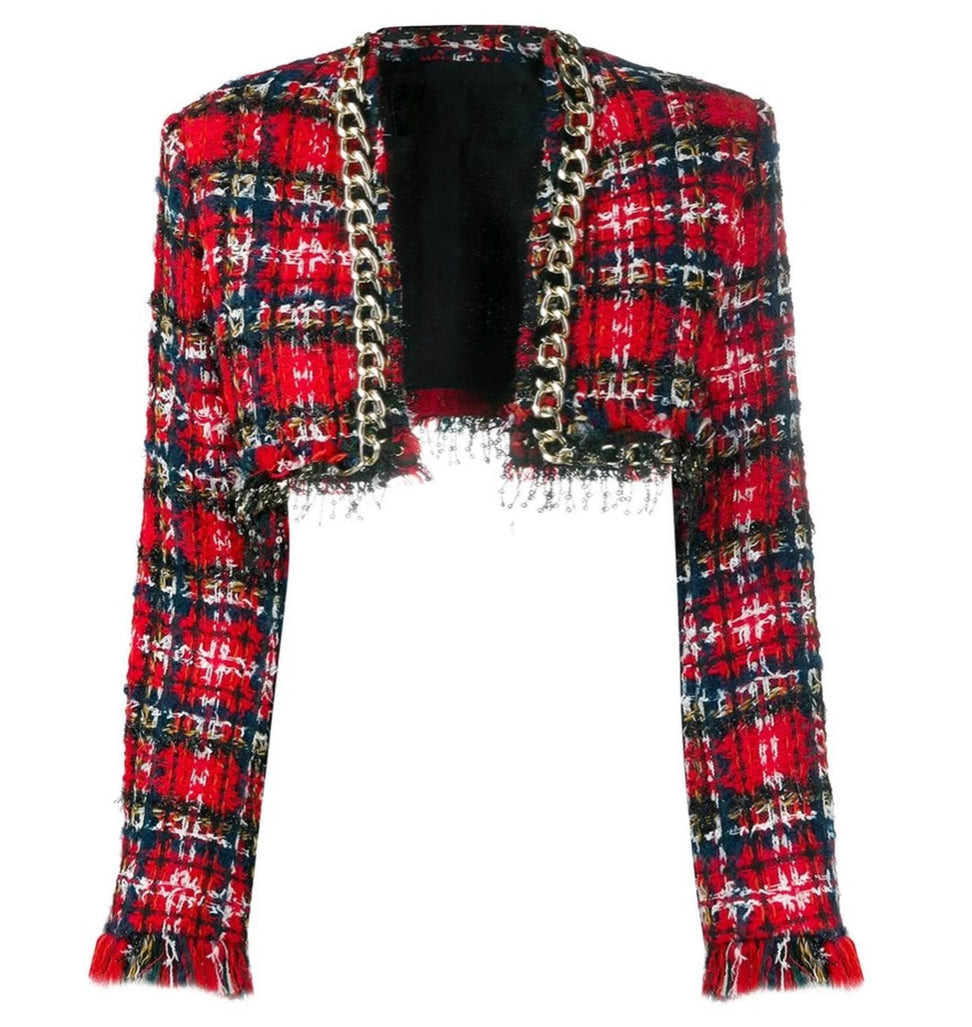 Plaid Red Tweed Gold Chain Crop Jacket