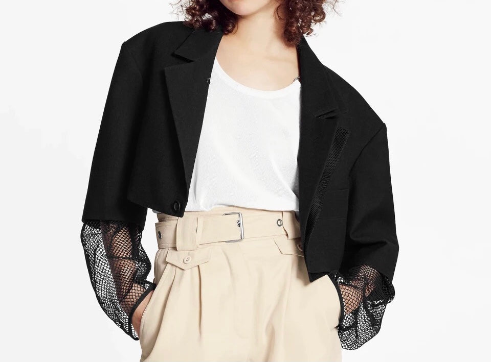 Black Grid Mesh Sleeves Crop Blazer