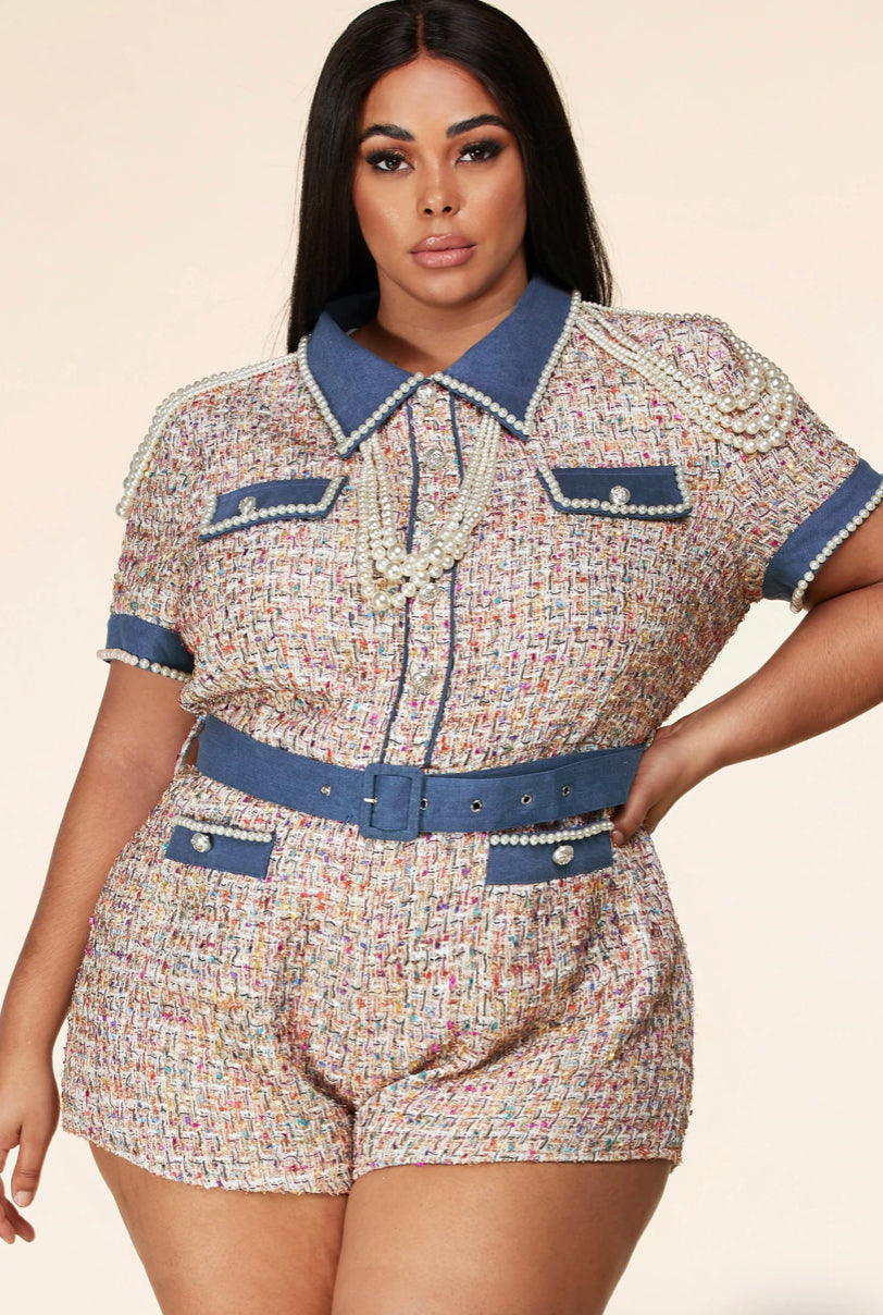 Tweed Pearls Romper Plus Size