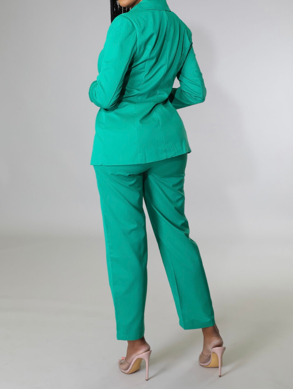 Green Satin Single Button & Pants Sets