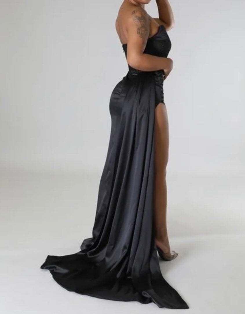 Split Strapless Satin Black Dress