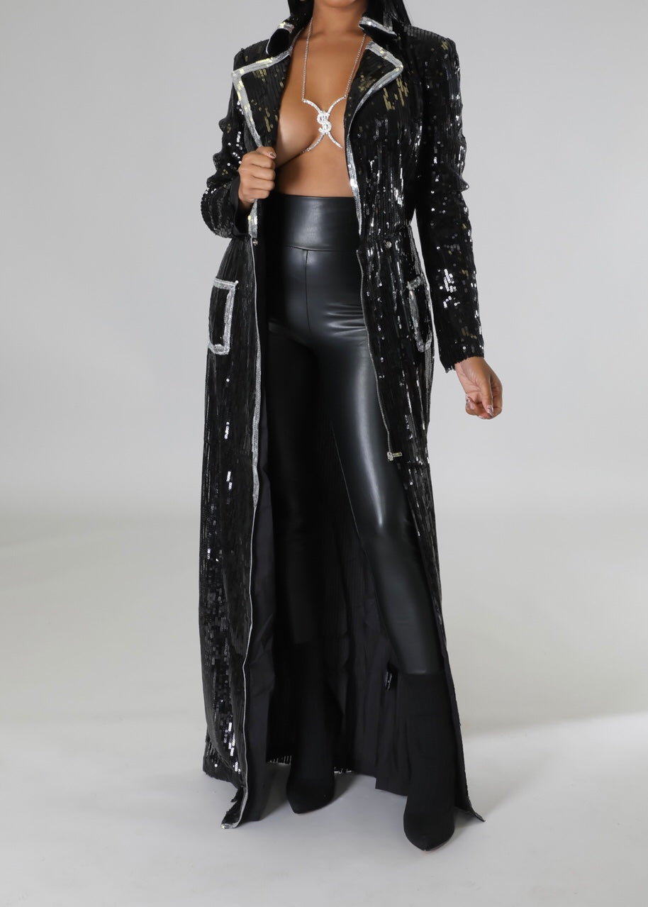 Glam Sequin Belted Coat Dress