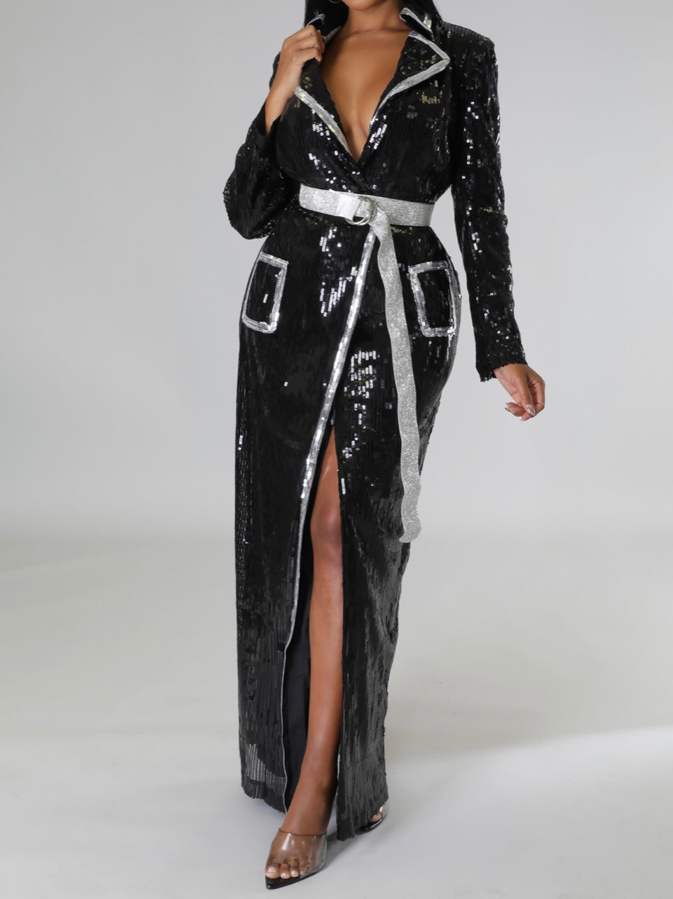 Glam Sequin Belted Coat Dress