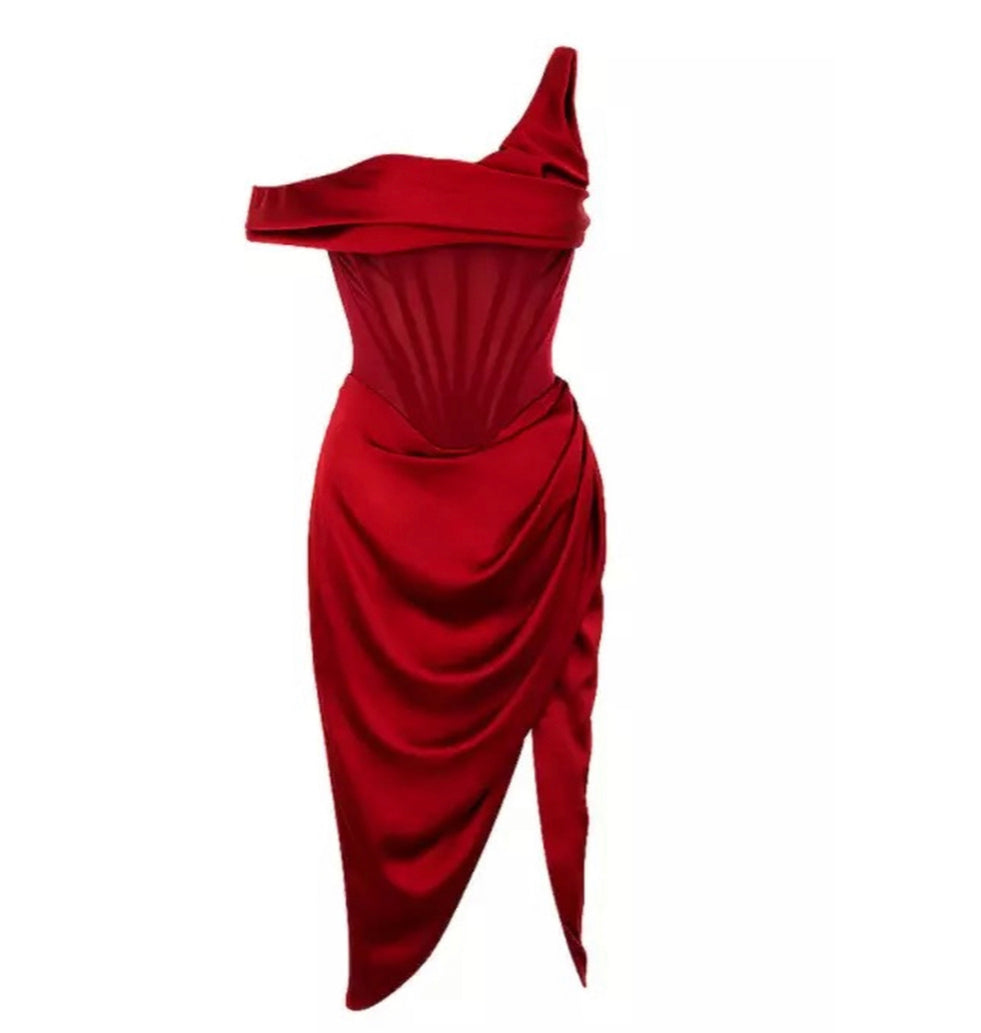 Red Split One Off Shoulder Dress