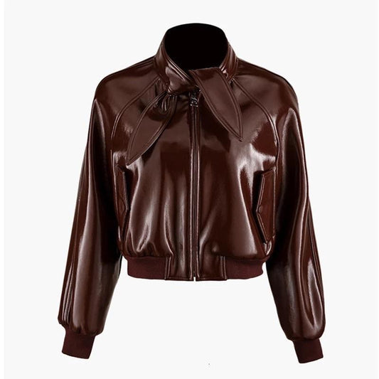 Brown Vegan Leather Tied Jacket