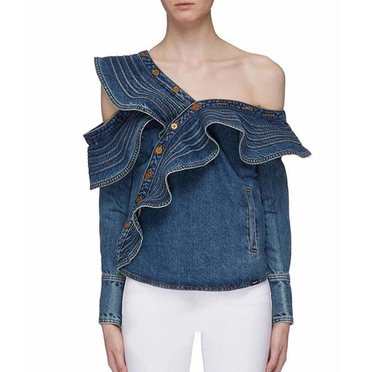 Ruffles One Off Shoulder Denim Top