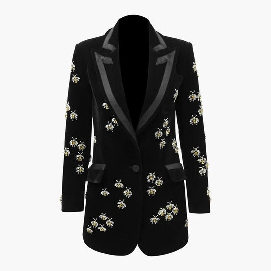 Black Velvet Blazers Notched Beading Fit Blazer