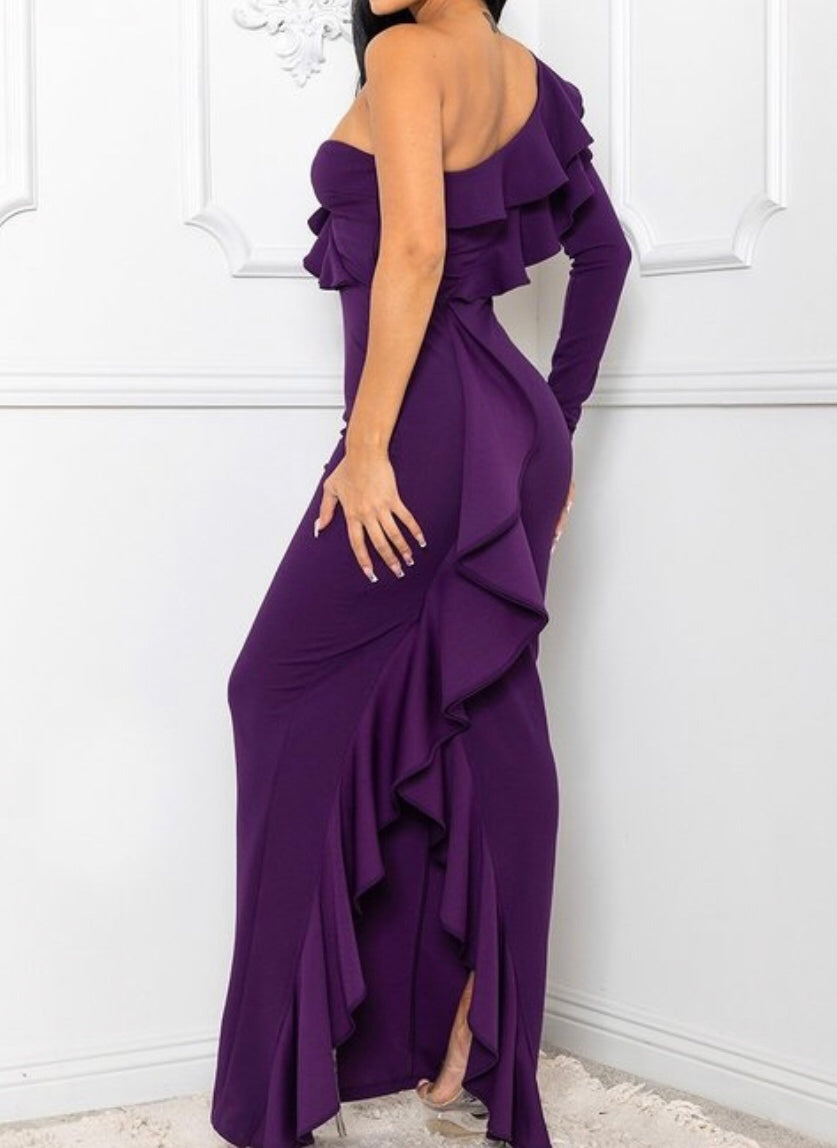 Ruffle Layer Purple One Shoulder Dress