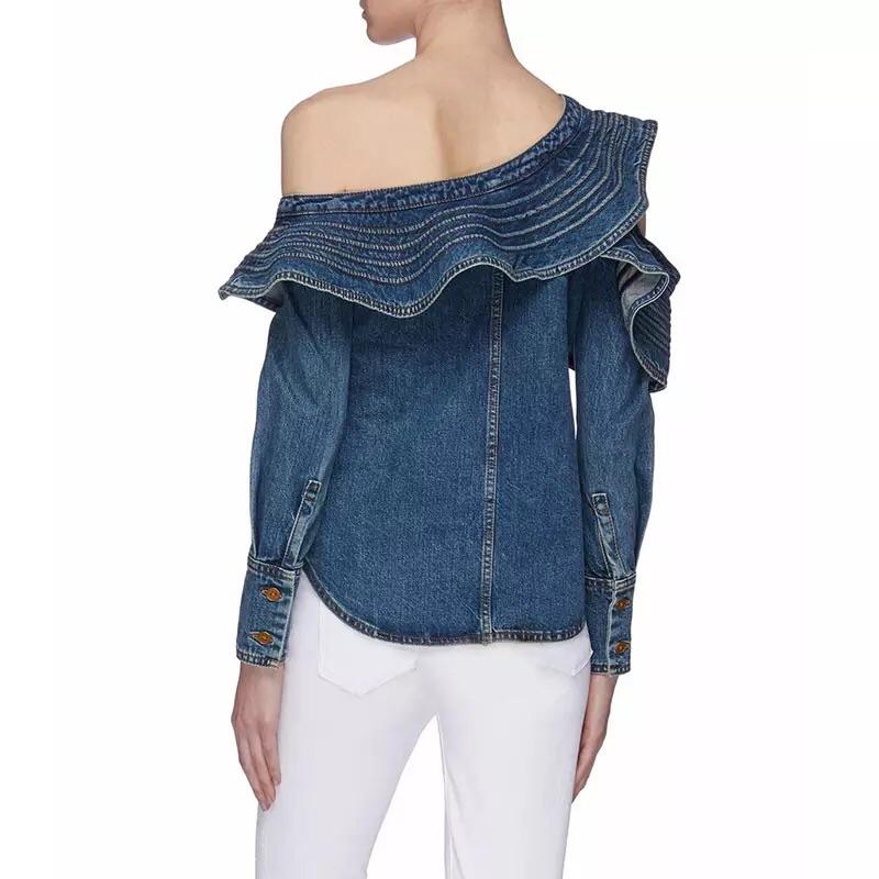 Ruffles One Off Shoulder Denim Top