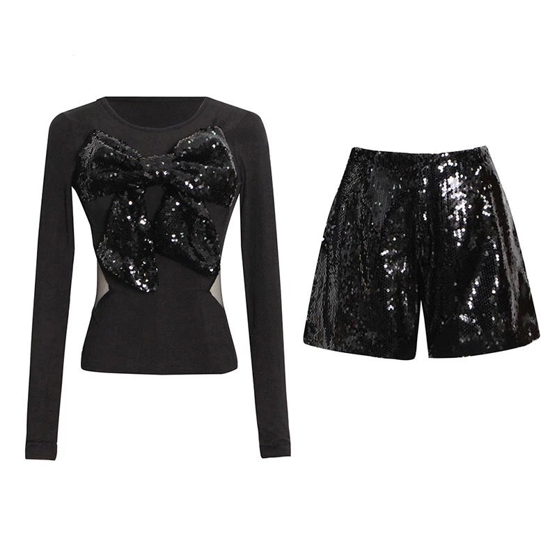 Mesh Black Sequined Bow Top & Shorts