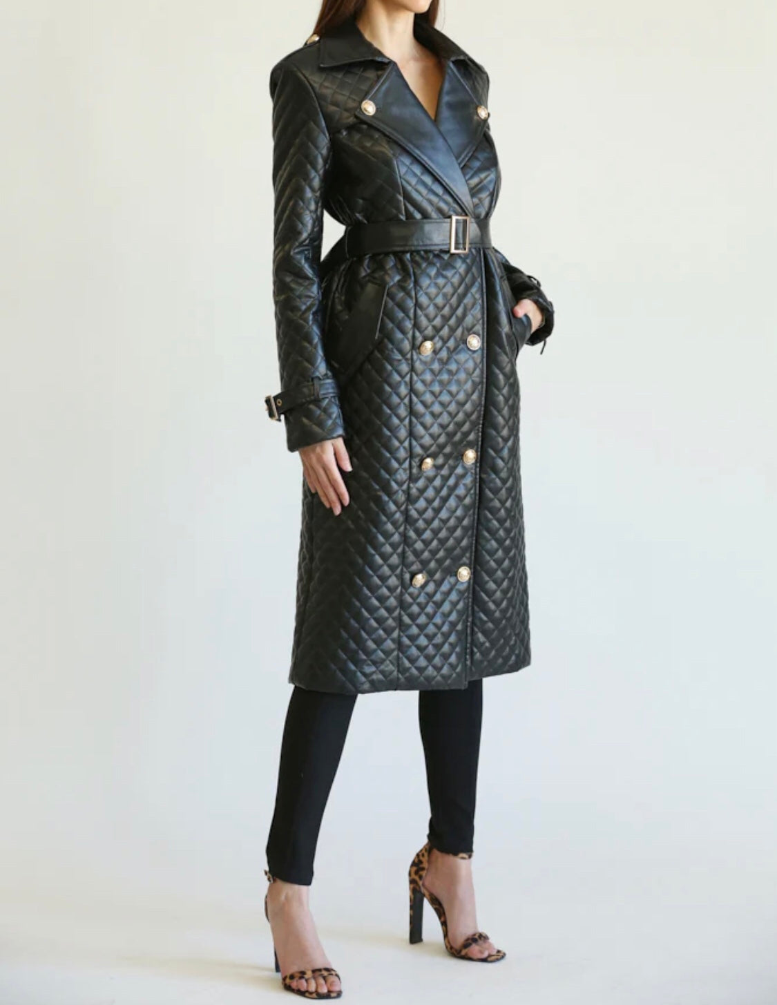 Quilted Pu Midi Dress Trench Coat