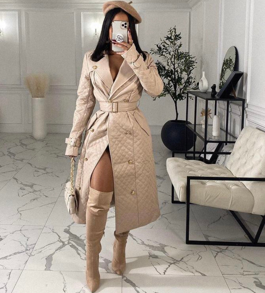 Quilted Pu Beige Midi Dress Trench Coat