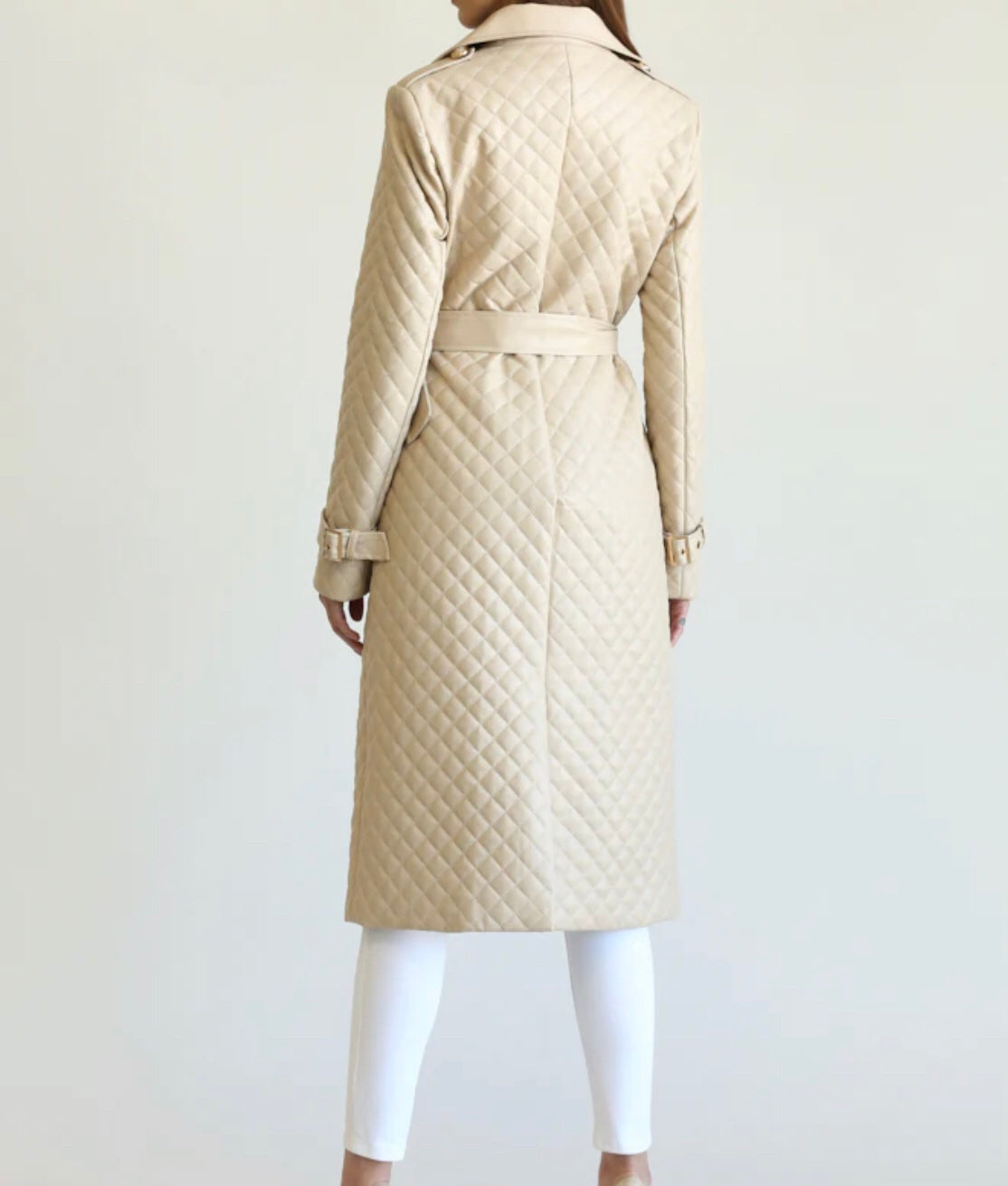 Quilted Pu Beige Midi Dress Trench Coat