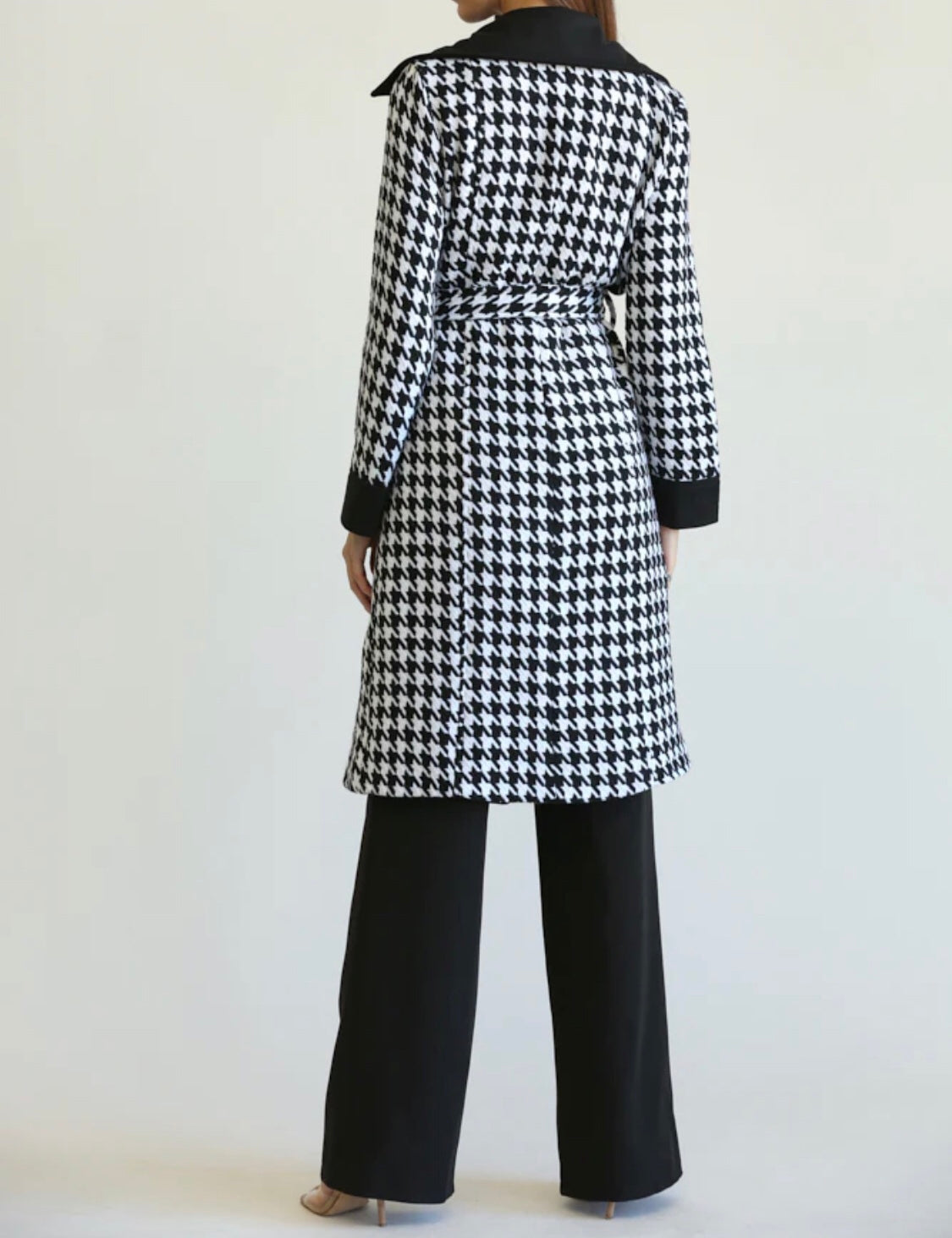 Houndstooth Patchwork Knit Woven Trench Coat