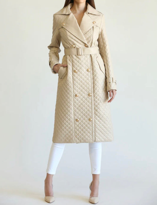 Quilted Pu Beige Midi Dress Trench Coat