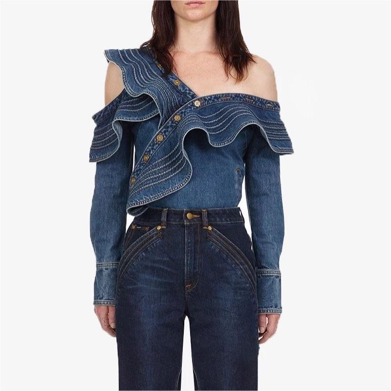 Ruffles One Off Shoulder Denim Top