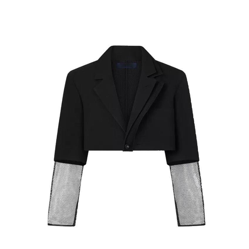 Black Grid Mesh Sleeves Crop Blazer