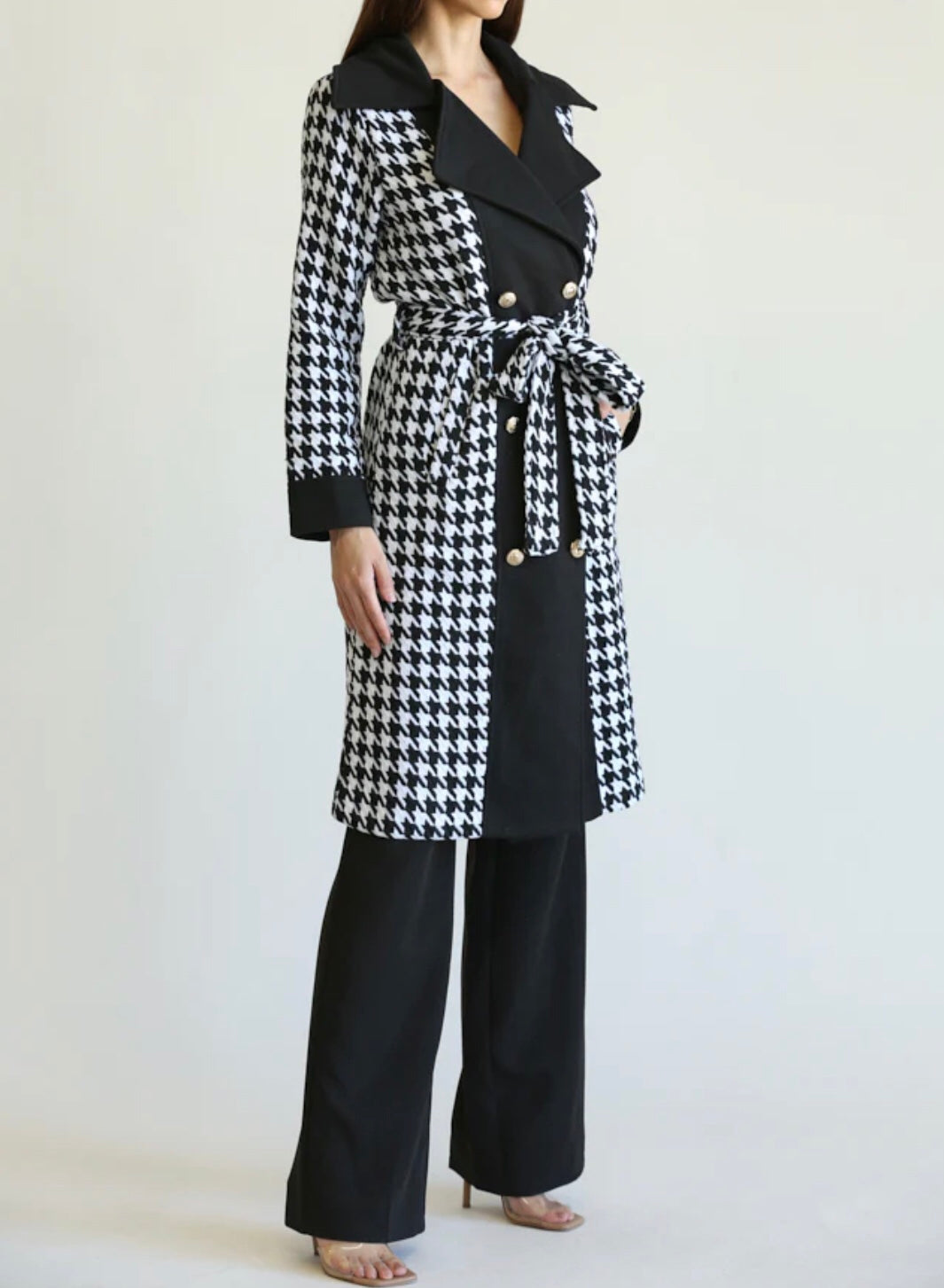 Houndstooth Patchwork Knit Woven Trench Coat