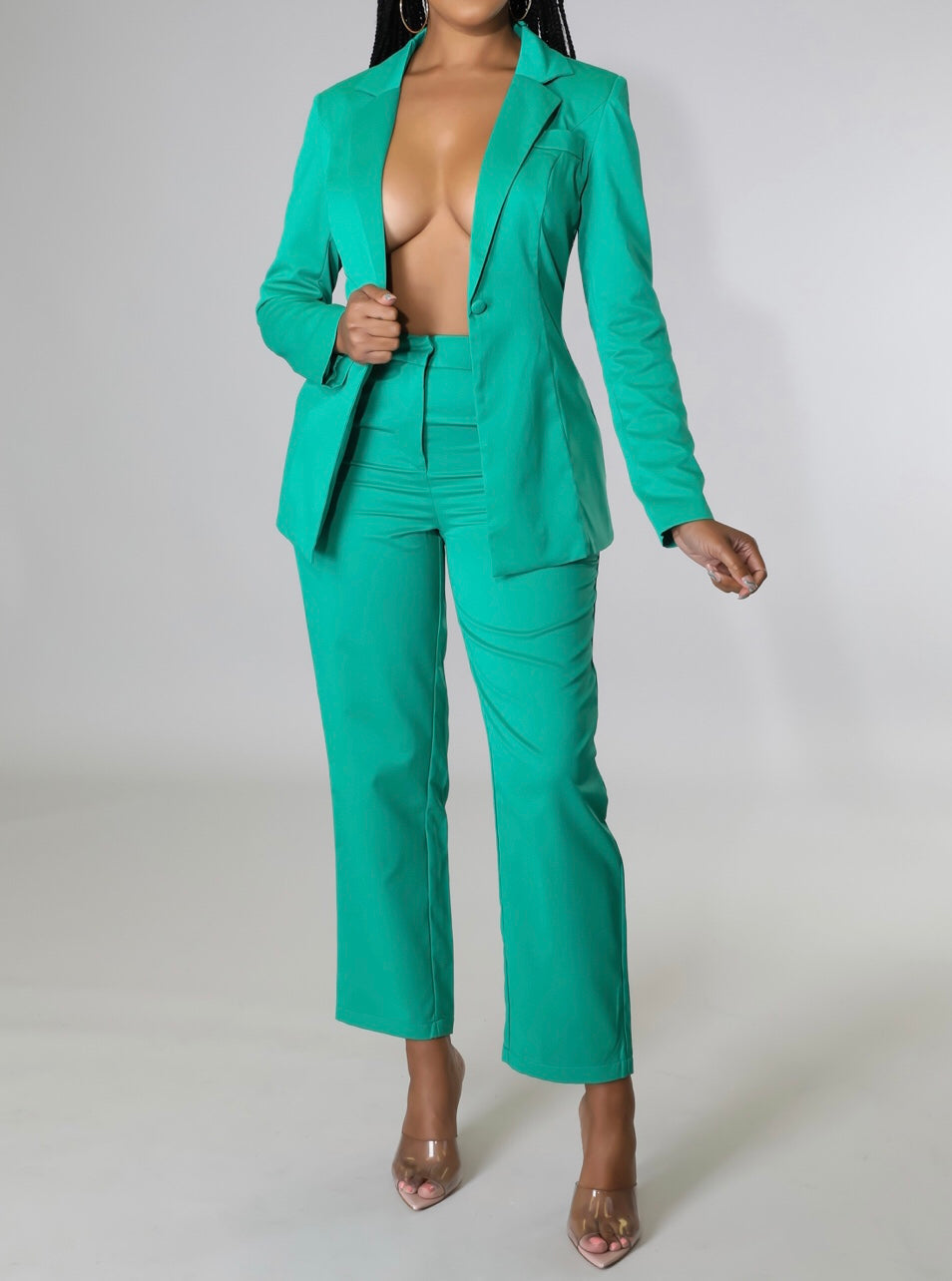 Green Satin Single Button & Pants Sets