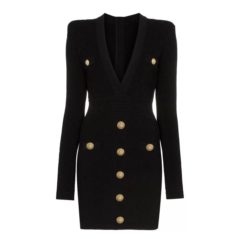 Vera Gold Buttons Black Knitwear Dress