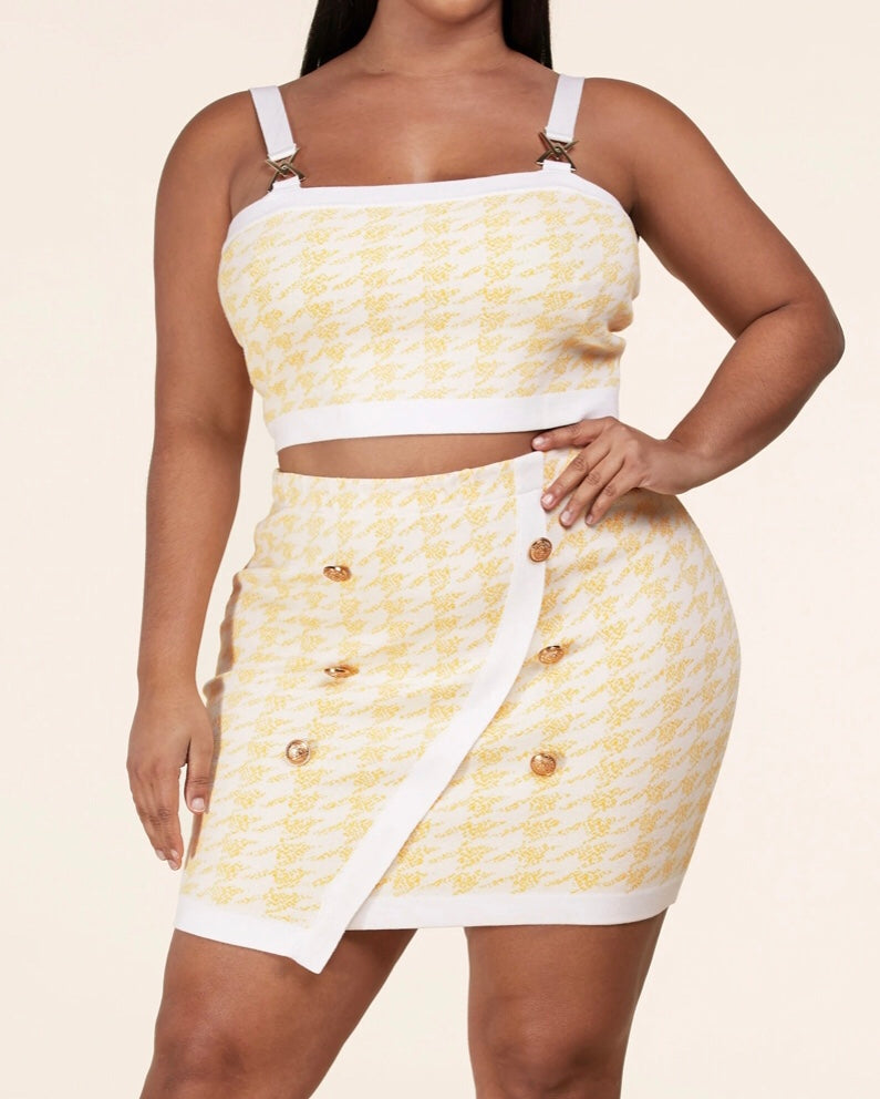 Houndstooth Embellished Gold Buttons Top & Skirt Sets