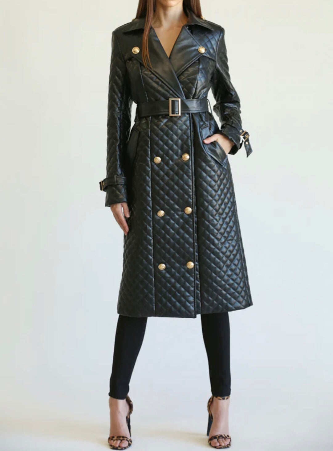 Quilted Pu Midi Dress Trench Coat