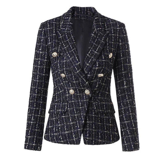 Tweed Plaid Gold Buttons Blazer