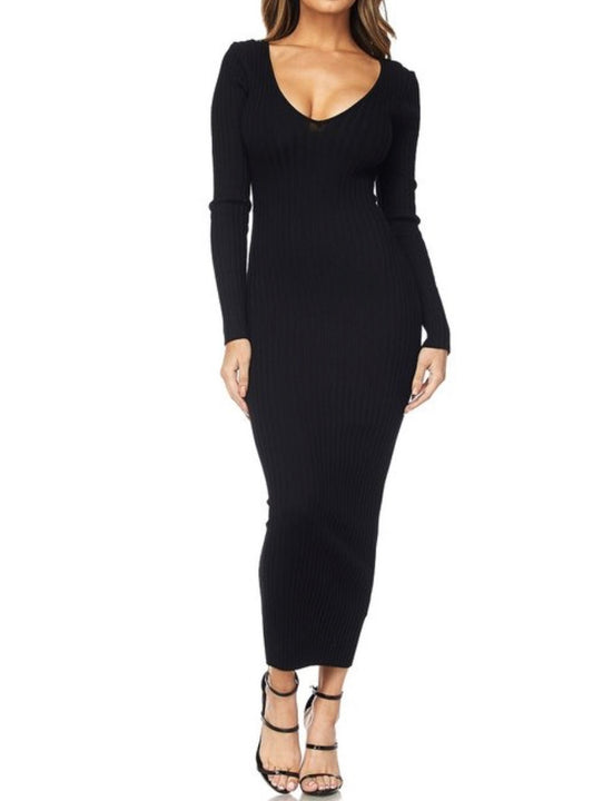 Ribbed Knit Black Long Sleeves Dress