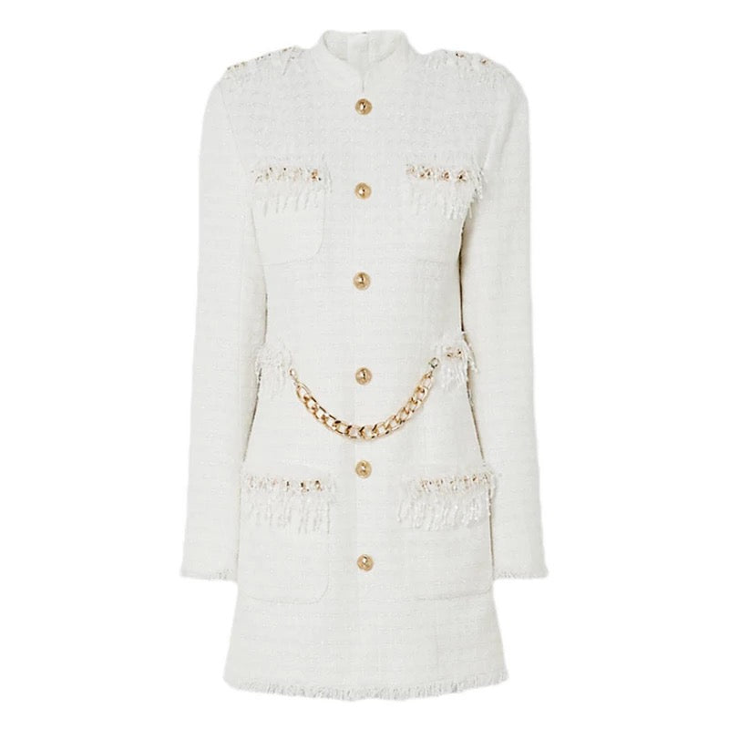 Tweed Tassel Off White Mini Dress