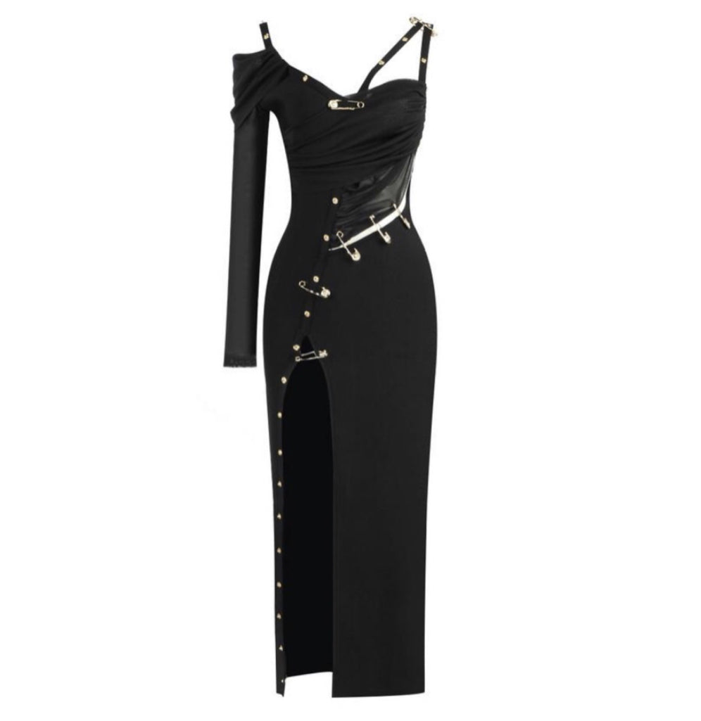 Black Gold Pin Split Dress