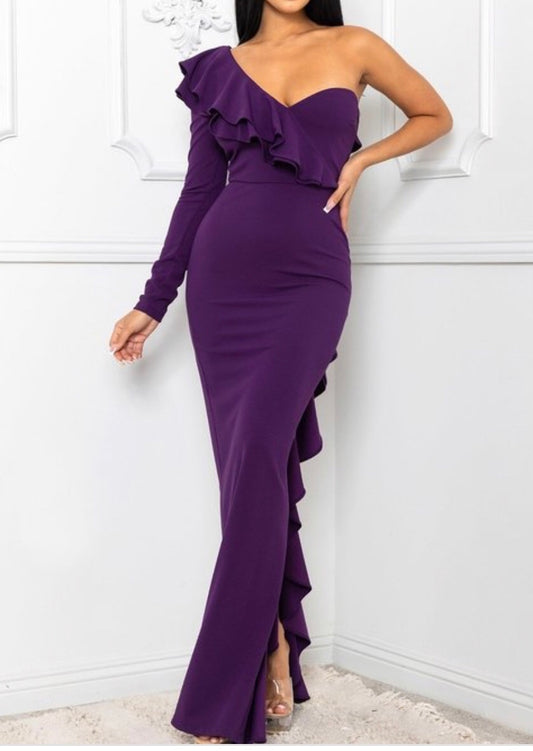 Ruffle Layer Purple One Shoulder Dress