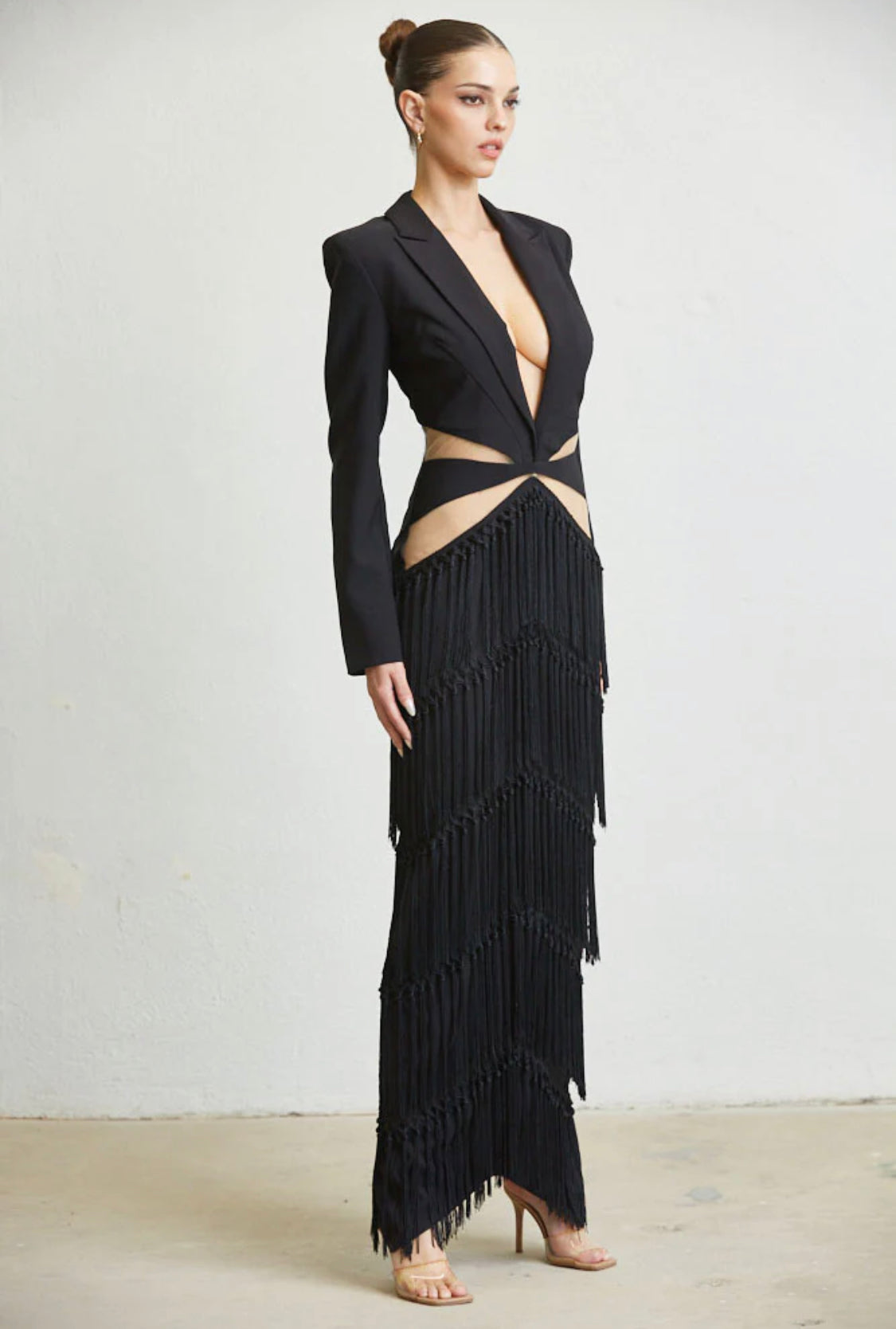 Black Cutout Tassel Fringe Split Dress