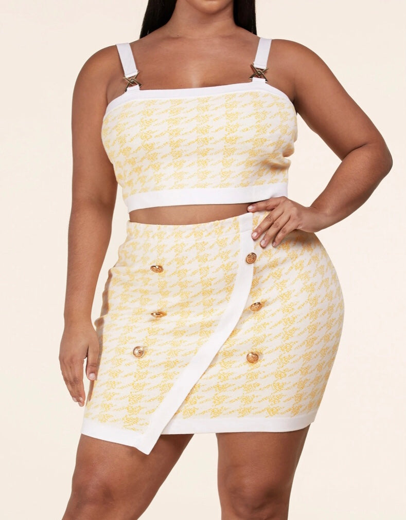 Houndstooth Embellished Gold Buttons Top & Skirt Sets