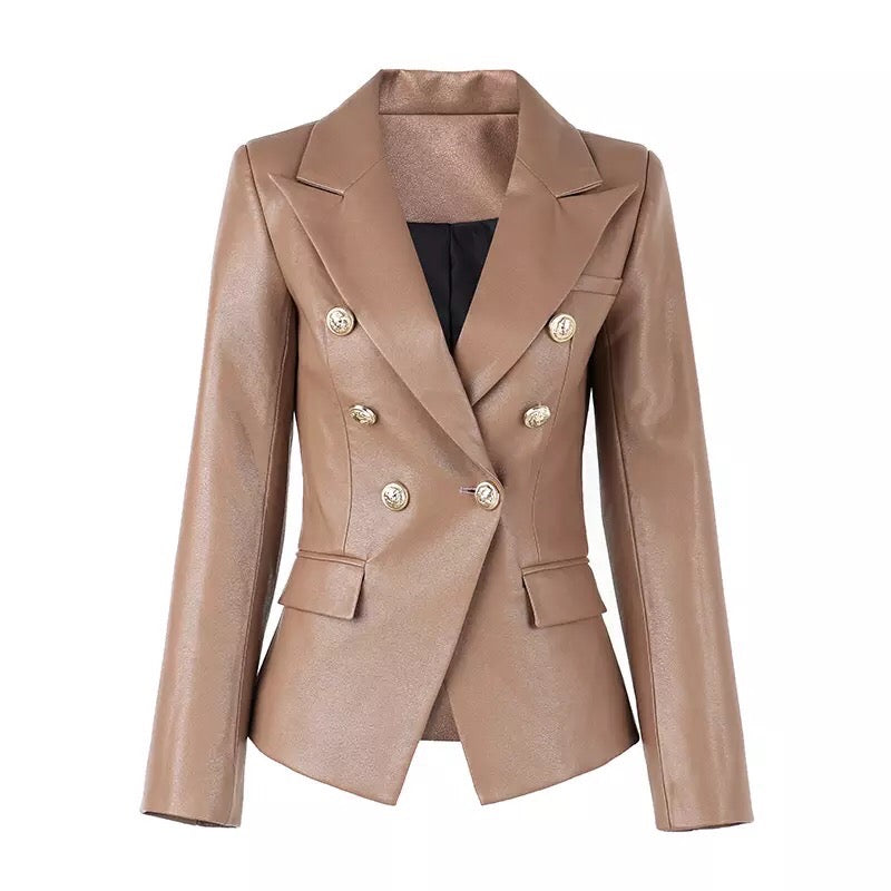 Gold Buttons Khaki Vegan Leather Blazer