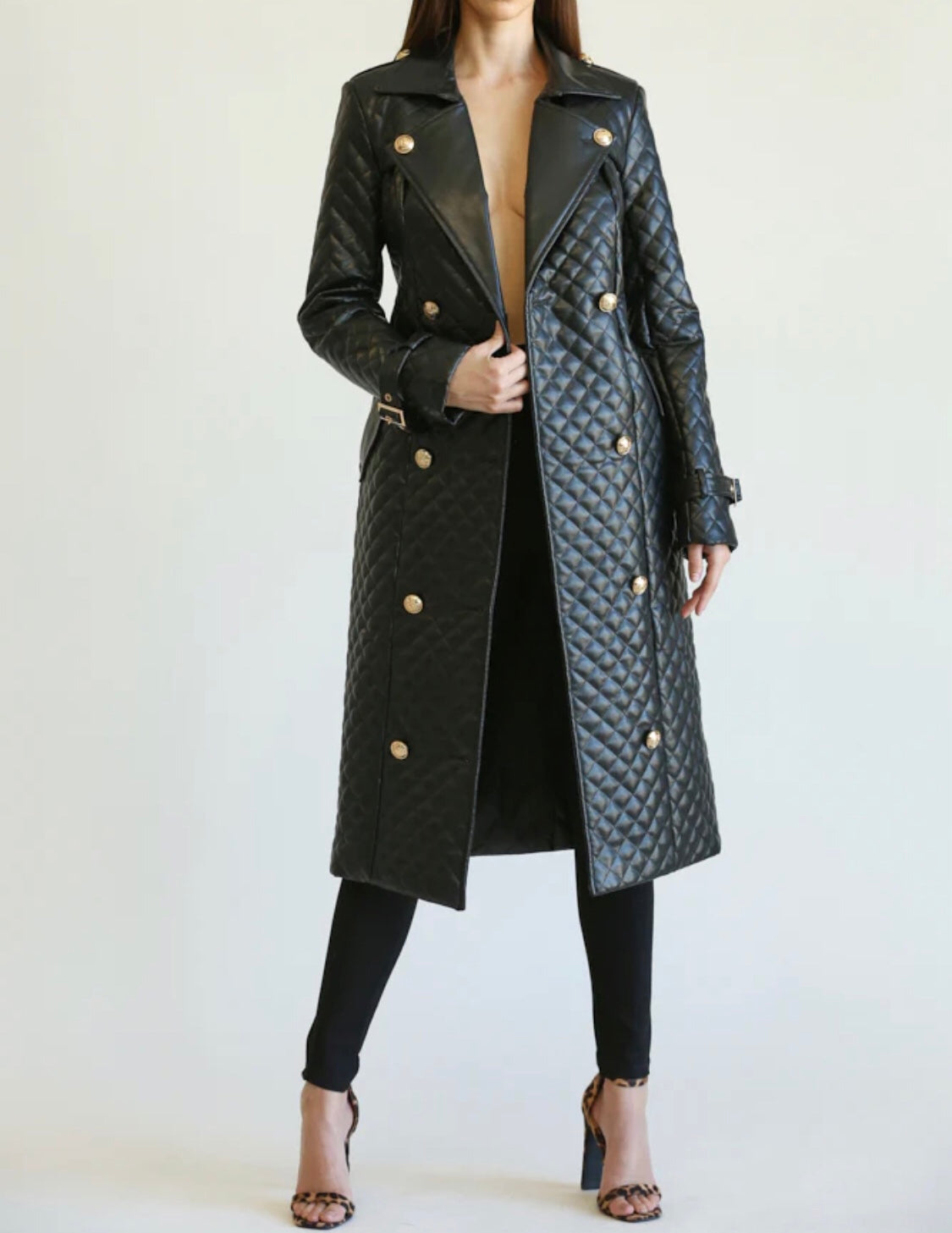 Quilted Pu Midi Dress Trench Coat